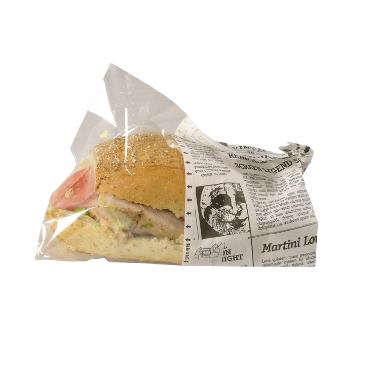 Snackpåse stor Old News vit svart papper med PE-coat mjölfri 21.5x7.5 cm